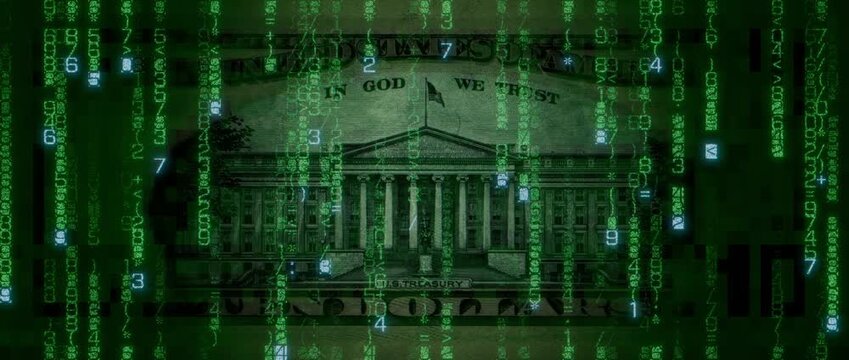 Electronic Currency Concept with Ten Dollar Bill made from Animated Code. Modern Banking Wallpaper.
