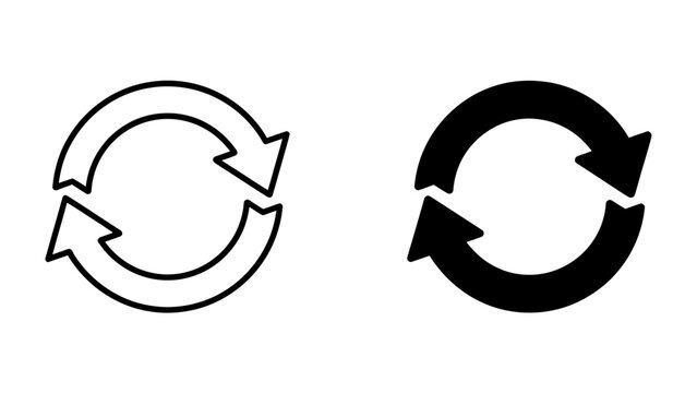 Circular Arrows Icon Set: A set of two circular arrows icons, one in outline and one in solid black, representing the concept of refresh, repeat, or recycling.