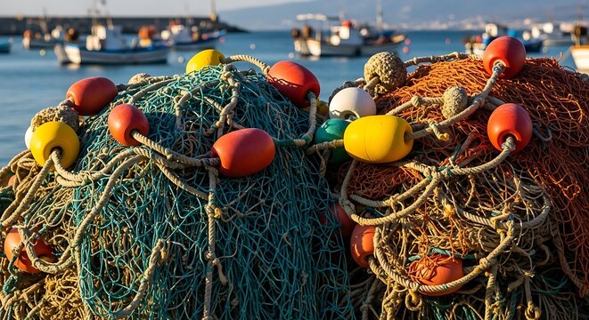 Colorful Fishing Nets and Buoy Floats Piled on Harbor Dock