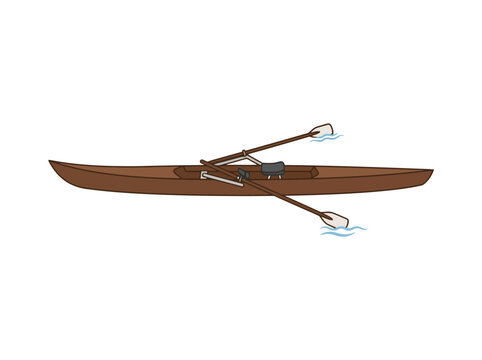 A detailed illustration of a wooden rowing shell boat with oars.