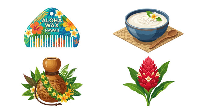 Summer hawaiian objects with wax comb poi bowl ipu and red ginger