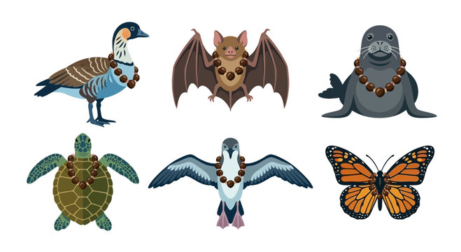 Summer wildlife including goose bat seal turtle and butterfly