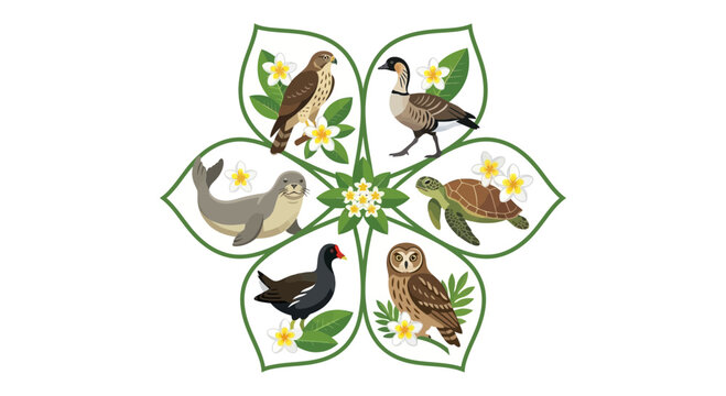 Summer wildlife collection with seal turtle owl hawk and goose