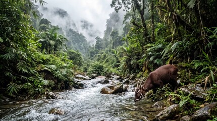 Obraz premium a rare saola (pseudoryx nghetinhensis) drinking from a river in a misty rainforest