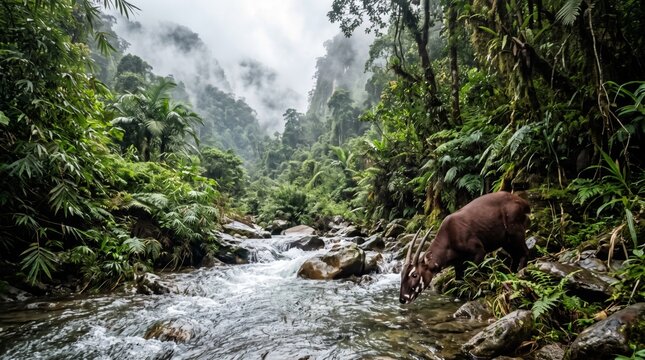 a rare saola (pseudoryx nghetinhensis) drinking from a river in a misty rainforest
