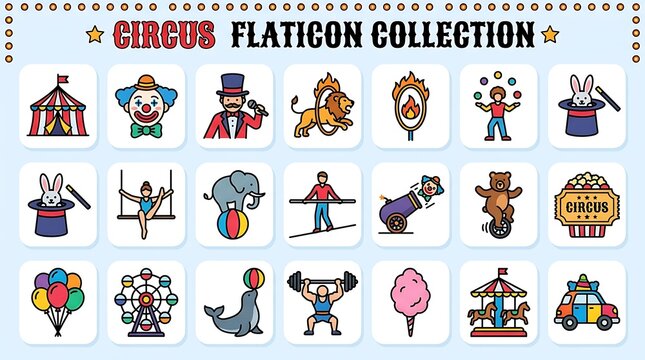 Colorful Circus Icon Set Arranged on Light Blue Collection Poster