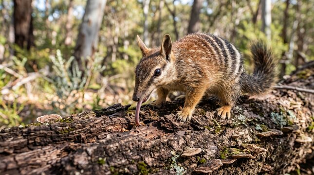 a wild numbat (myrmecobius fasciatus) eating termites on a fallen log in an australian forest