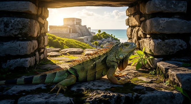 Green Iguana Resting in Ancient Stone Ruin Overlooking Coastal Temple
