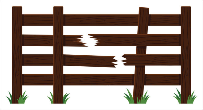 Broken wooden fence with grass a colorful vector illustration on a white background wood post