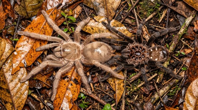 a wild tarantula (theraphosidae) sitting on brown leaves next to its shed exoskeleton