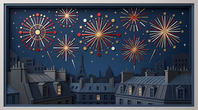 Vibrant paper cut-out fireworks illuminate the Parisian skyline and iconic Eiffel Tower at night