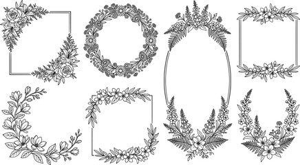 Set of floral frames and wreaths with hand drawn flowers, leaves and branches for wedding invitations, greeting cards and decorative designs transparent background © SampaRani