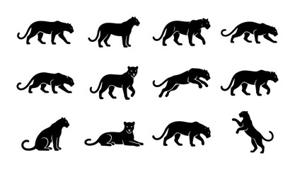 Black Panther Silhouette Set, Wild Cat Poses Vector Collection, Big Cat Animal Icons, Elegant Feline Motion Graphics, Graphic Resource © Orpa