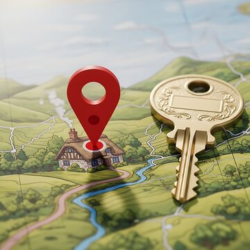 Red Location Pin Marking Cottage on Illustrated Rural Map Beside Brass House Key