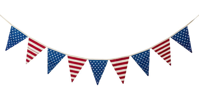 Patriotic red white and blue bunting flags for national holiday isolated on transparent background