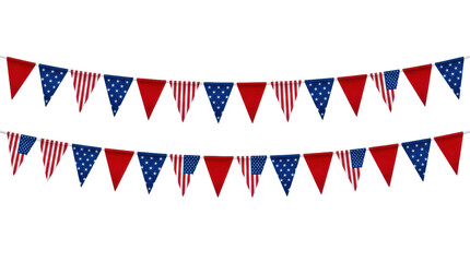 Fototapeta premium Red and blue patriotic pennant bunting flags hanging for celebration isolated on transparent background