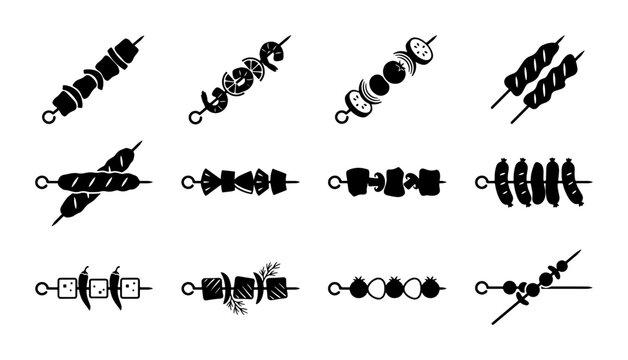 12 Skewers Vector Icons: Grilled Food, Meat, Seafood, Vegetable Kebabs, Barbecue Elements, Black and White Food Preparation Symbols