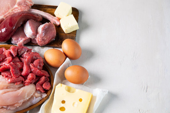 Assortment of raw meat: chicken, beef, veal. Carnivore diet.