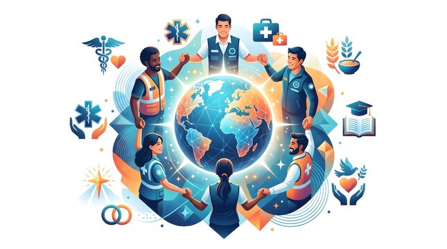 World Humanitarian Day Premium Vector Illustration with Diverse Humanitarian Volunteers Around Globe, Healthcare Support, Emergency Relief, Education, Peace & Global Unity Isolated on White Background