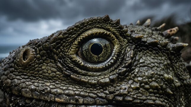 extreme macro shot of the scaly face and eye of a wild tuatara (sphenodon punctatus)