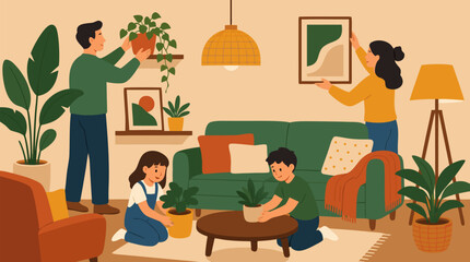 Fototapeta premium Happy family decorating a cozy living room with houseplants, warm lamps, framed botanical art, green sofa, orange chair and children potting plants together in flat vector illustration style