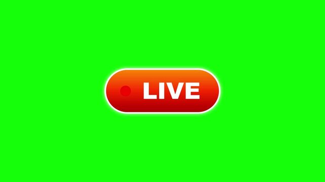 Bright red live broadcast button with white text overlaying a vibrant green screen motion video clip