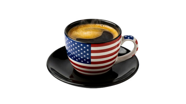 Black coffee in a cup with an american flag design on a saucer isolated on transparent background