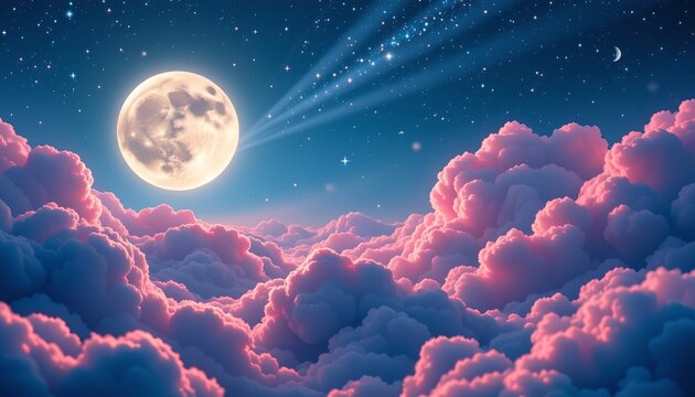 The image features a bright full moon illuminating a sky filled with scattered stars and a few faint crescent moons