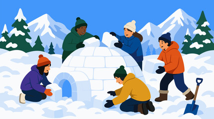 Fototapeta premium Friends building an igloo together in deep snow, placing ice blocks amid pine forest and bright alpine mountains, cheerful winter teamwork adventure in flat vector illustration scene