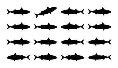 Fototapeta premium Shark Silhouettes Collection, Marine Life Icons, Ocean Predators Vector Set, Aquatic Animal Graphics