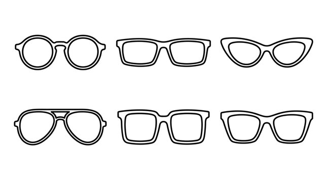 Eyeglass frames compared: round, rectangular, cat‑eye, aviator, square, trapezoid shown in minimalist outline clarity emphasizing style variation.