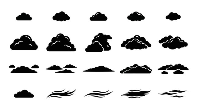 Cloud silhouettes compared: compact, layered, elongated, wispy forms shown in minimalist black icons representing weather variations.