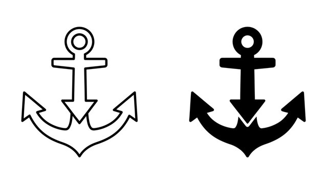 Nautical Anchor Icons: A set of two graphic icons representing a nautical anchor, one outlined and the other solid black, symbolizing maritime strength and stability.