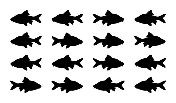 Seamless Pattern of 16 Black Fish Silhouettes, Aquatic Life Vector Graphic, Simple Marine Animal Design, Underwater Theme
