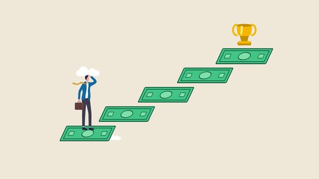 Career Success and Financial Growth Concept. An animated businessman climbing a money staircase towards a golden trophy. Perfect for illustrating investment, career ambition, and business goals