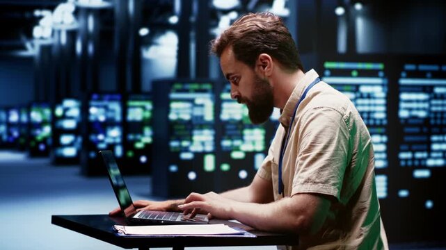 Computer scientist prepares recovery documentation in a cloud computing facility, connecting backup procedures, service restoration and continuity planning.