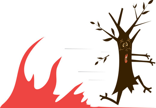 Cartoon frightened tree escapes the fire