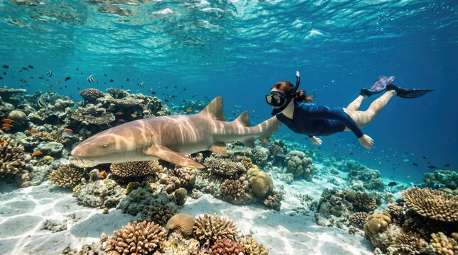 Snorkeler swimming with shark in clear tropical ocean coral reef, snorkeling