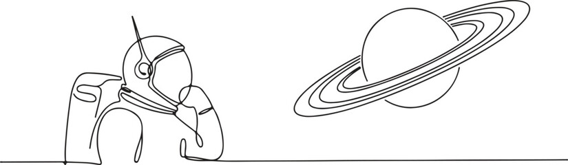 Astronaut in space looking at saturn planet with rings in line art style © ZeroStock