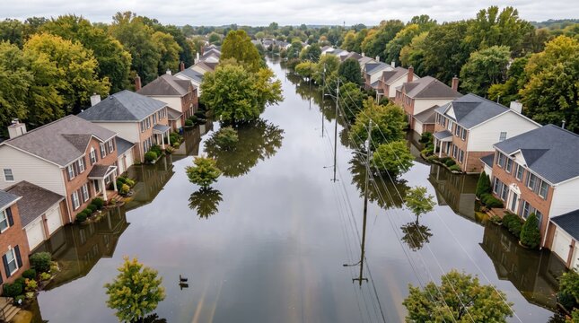 Aerial view of submerged suburban neighborhood street during severe flash flood