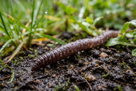 Macro Photograph of a Wet Earthworm Crawling in Moist Soil and Grass