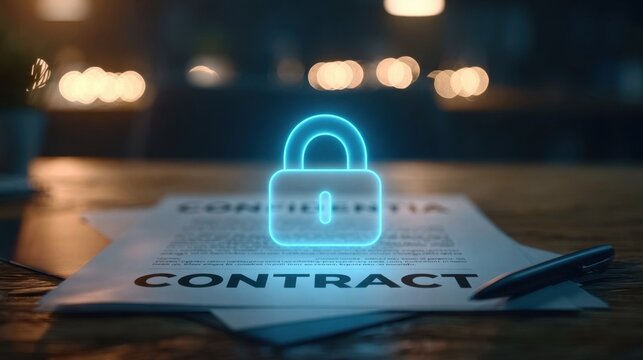 Concept of digital security and data protection with glowing lock icon over a contract document and pen on wooden table in blurred dark background