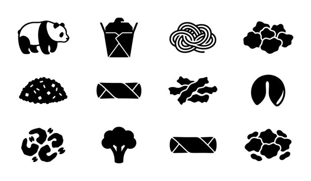 Chinese Food Icons Set, Asian Cuisine Vector Graphics, Panda, Noodles, Spring Rolls, Fortune Cookie, Broccoli, Rice, Takeout Box, Culinary Symbols