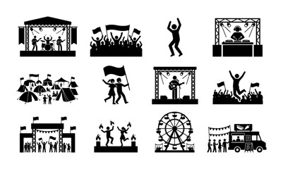 Obraz premium Festival Icons Set, Music Concert Silhouettes, Crowd Celebration Graphics, Outdoor Event Symbols, Entertainment Vector Collection