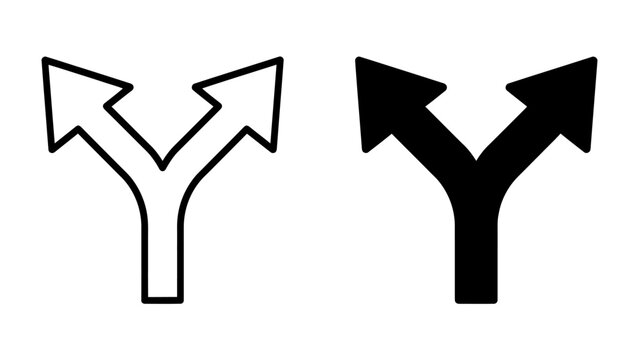Forking Path Symbol: Two stylized arrow symbols, one outlined and one solid black, illustrate a choice or a divergence of direction.