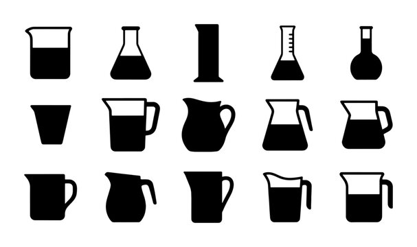 Laboratory Glassware and Pitchers Vector Icons Set, Science Equipment and Liquid Containers Collection, Chemistry Beakers and Flasks, Kitchen Jugs and Measuring Cups