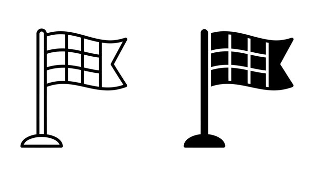Finish Line Flag Icons: Two distinct icons of a checkered flag on a pole, one outlined and one solid black, represent the concept of a finish line, victory, or competition outcome.