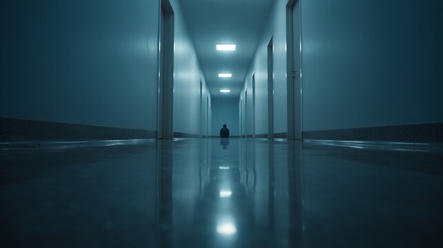 A long, empty corridor with a lone figure in the distance, creating a sense of surveillance and anxiety. The concept of stalking, fear, and psychological pressure.