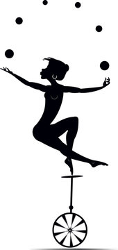 Performance. Female artist balances on unicycle juggles balls