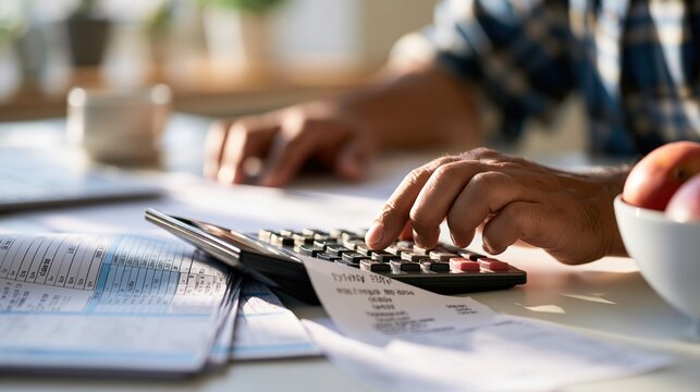 Person using calculator for financial planning and budgeting at home office desk with papers and fruits